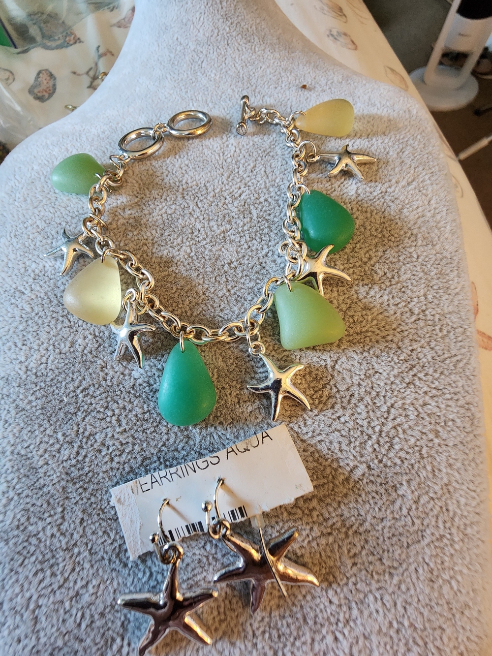 Coastal Sea Glass Charm Bracelet with Starfish Accents w/Matching Earrings